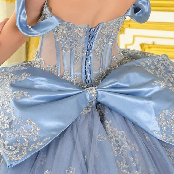 New Dusty Blue Off The Shoulder Satin Ball Gown w/ Sheer Boned Bodice GL3795 - Picture 12 of 15